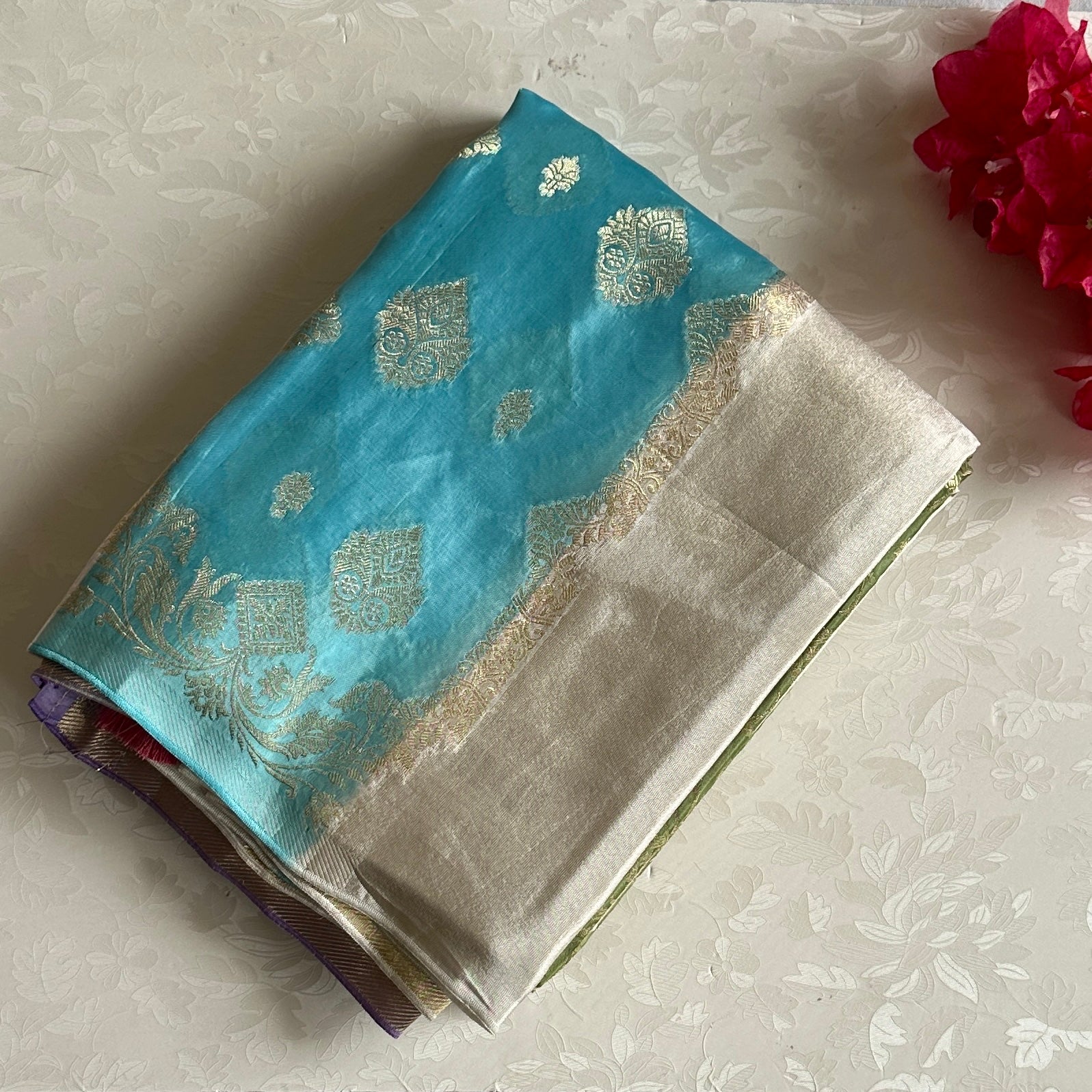Ivory Multi Shade Soft Crepe Silk Saree With Lavender Purple Pallu