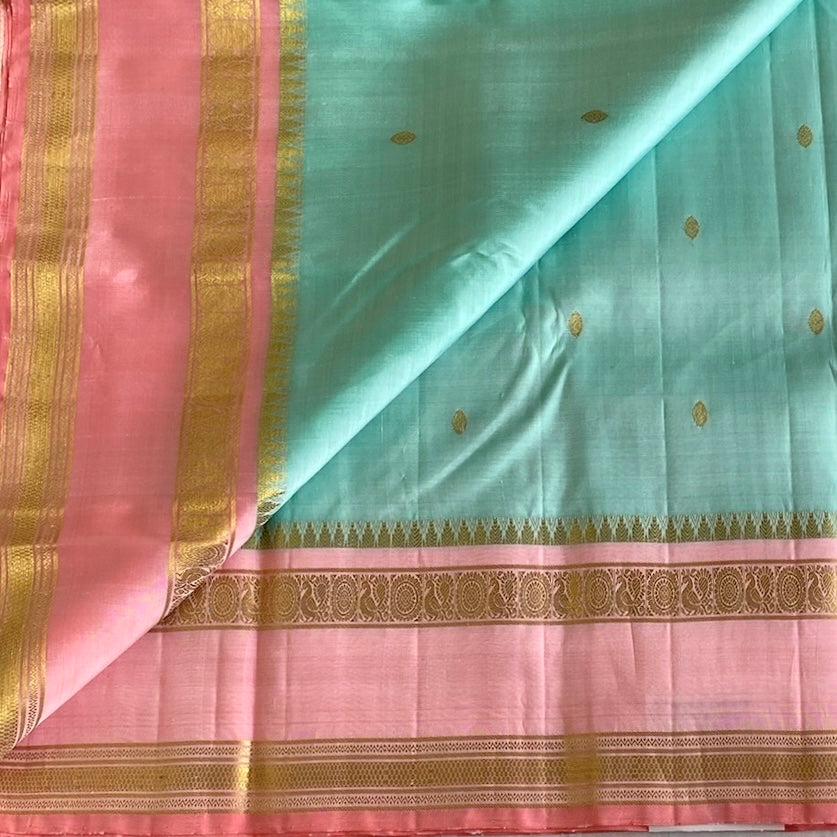 Lustrous Sky Blue Kanjeevaram Pure Zari Silk Saree With Blush Peach borders n Pallu