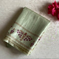 Pastel Sage Green Softest Tussar Saree With Deep Magenta Floral Border