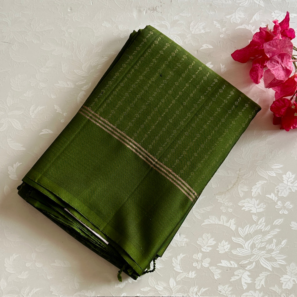 Classy Olive Green Silk Saree Gold Zari Geometric Pallu Buti Motifs