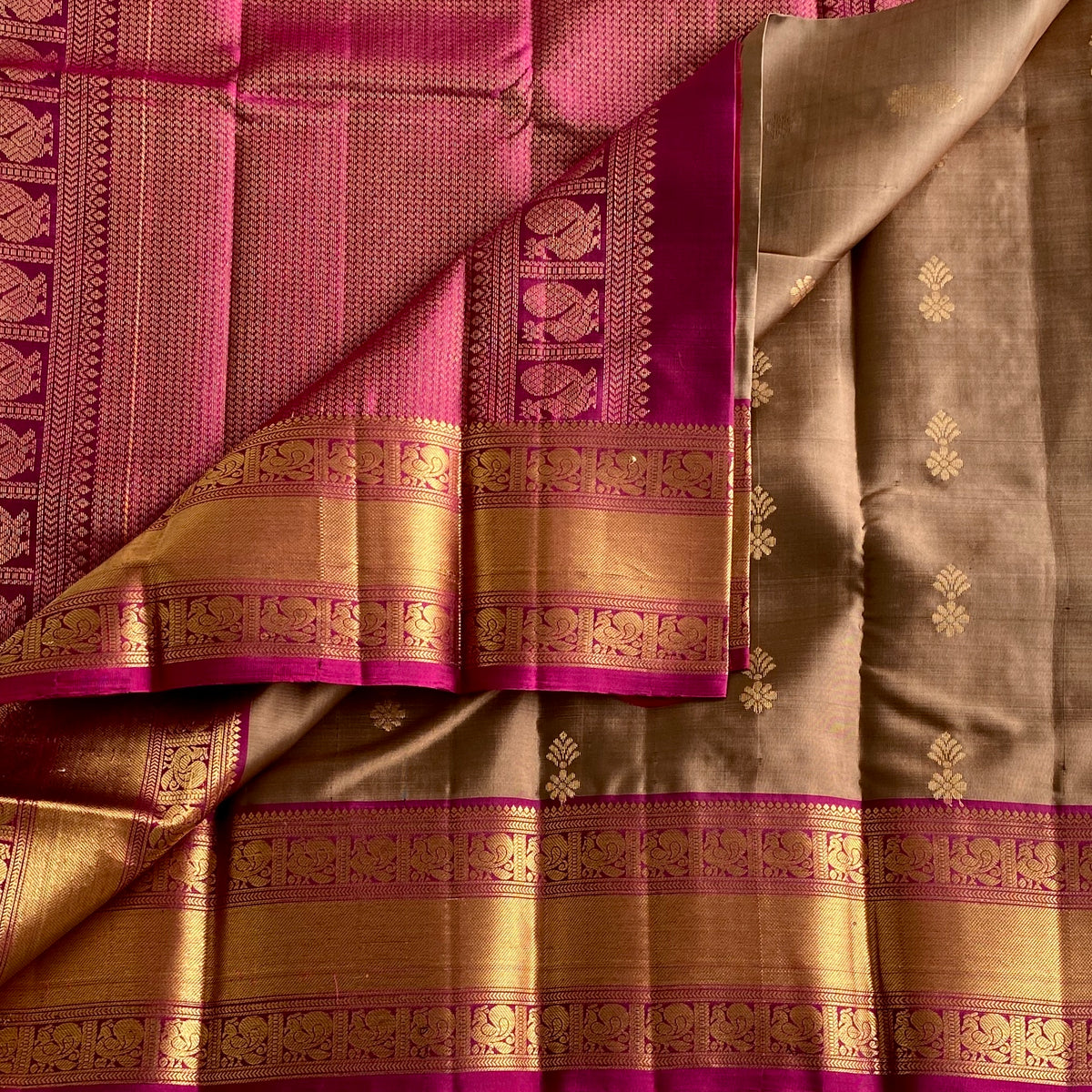 Bronze Brown Designer Pure Silk Saree With Deep Magenta Pallu