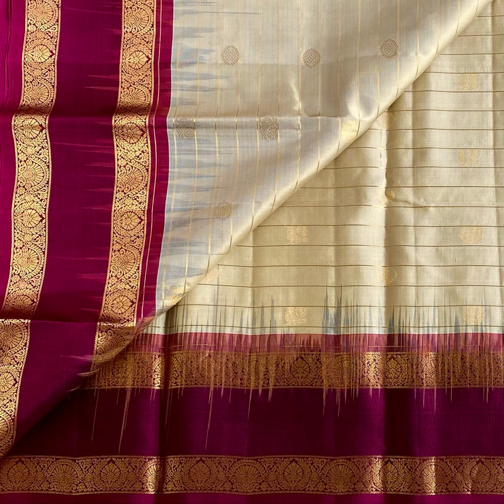 Champagne Pearl Beige With Deep Magenta Checkered Designer Pure Silk
