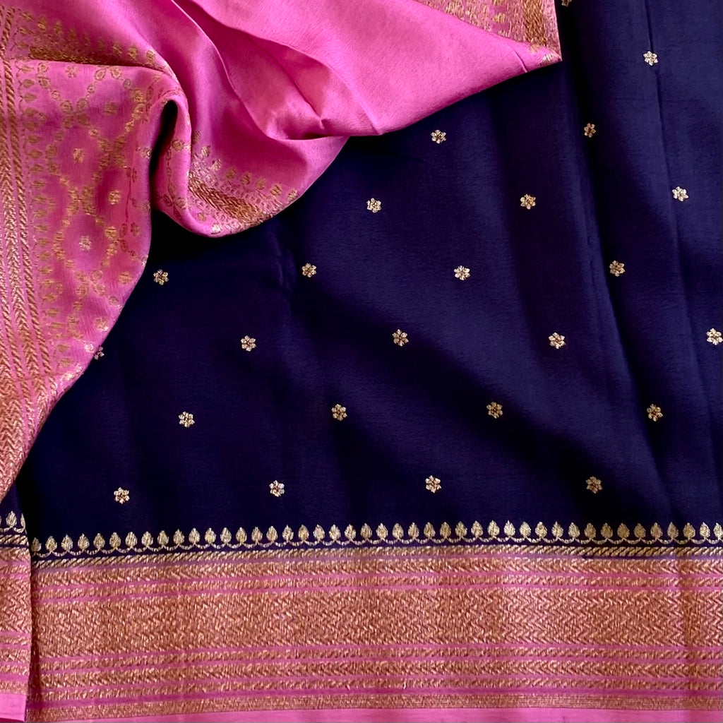 Midnight Navy Banarasi Crepe Silk Saree With Rose Pink Pallu