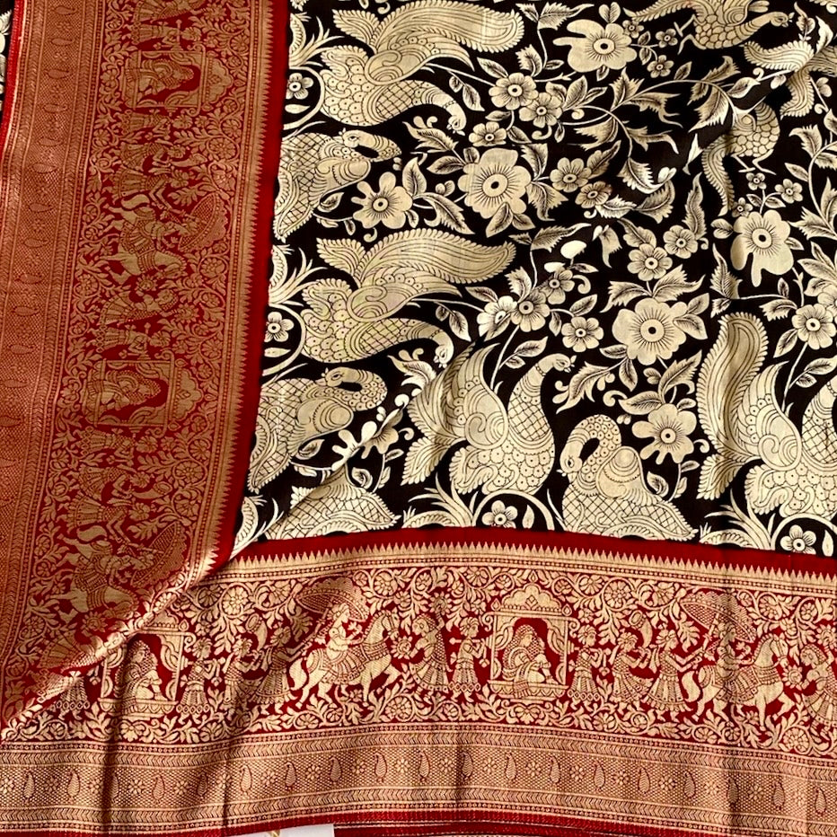 Jet Black Soft Tussar Silk Saree With Crimson Red Pallu
