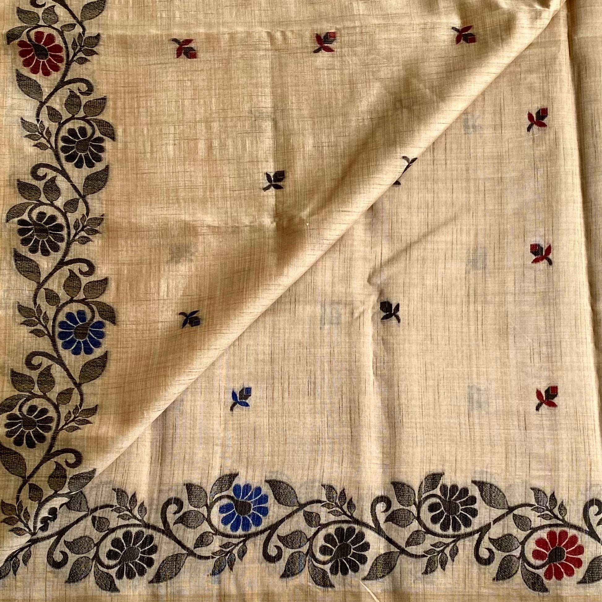 Light Beige Soft Tussar Silk Saree With Charcoal Black Border
