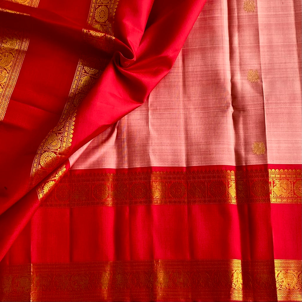 Blush Pink With Scarlet Red Kanjeevaram Pure Zari Silk Saree With Antique Gold Pallu