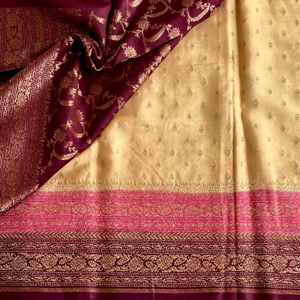 Tri Colour Beige Burgundy And Rose Pink Banarasi Crepe Silk Saree With Gold Zari