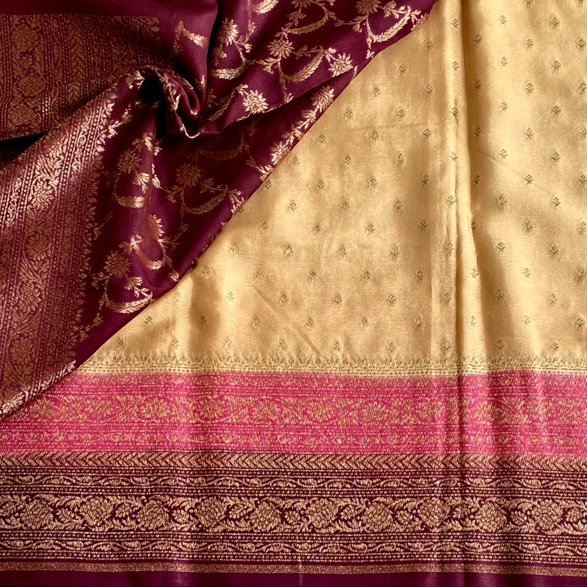 Tri Colour Beige Burgundy And Rose Pink Banarasi Crepe Silk Saree With Gold Zari