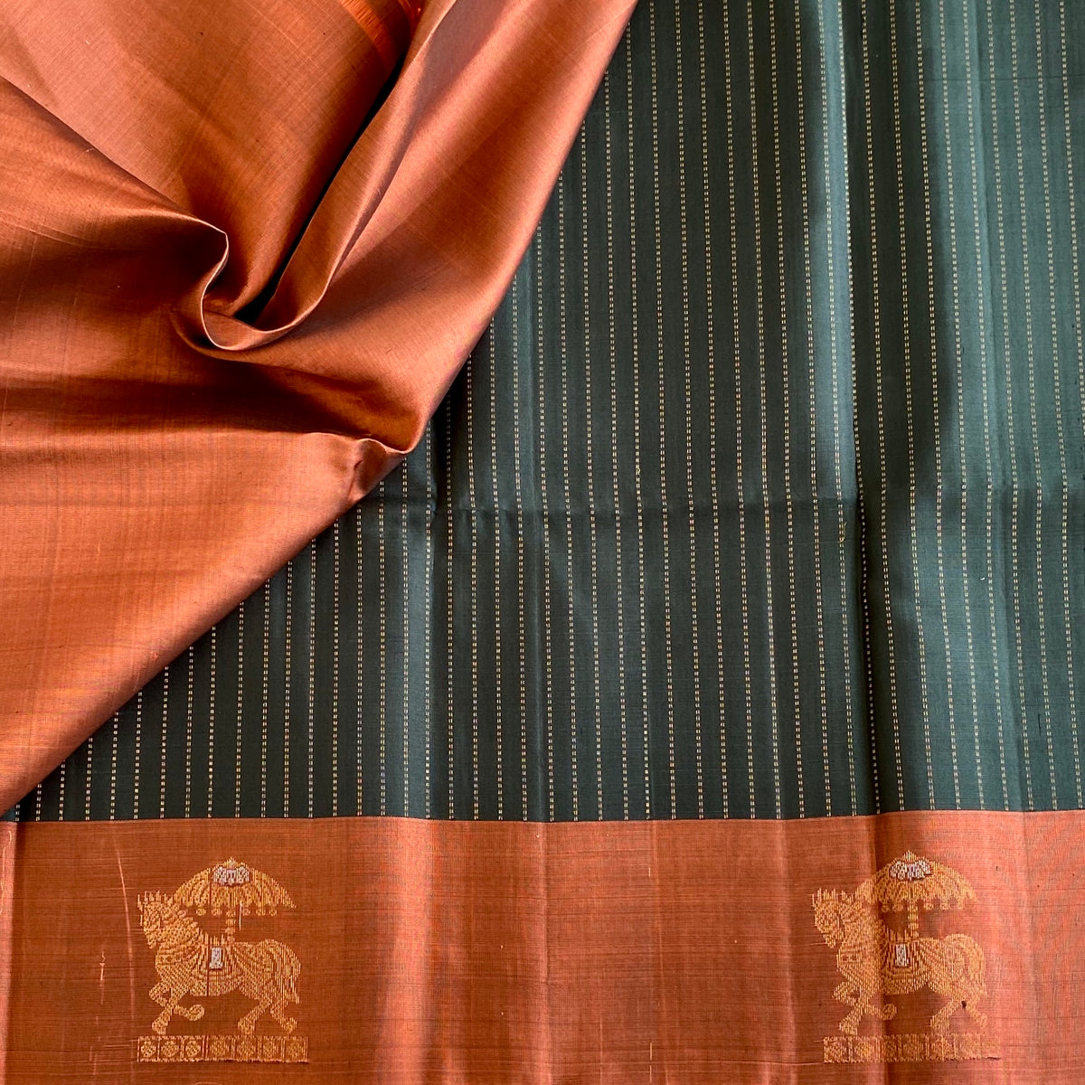 Deep Teal Green Designer Pure Silk Saree With Burnt Copper Pallu