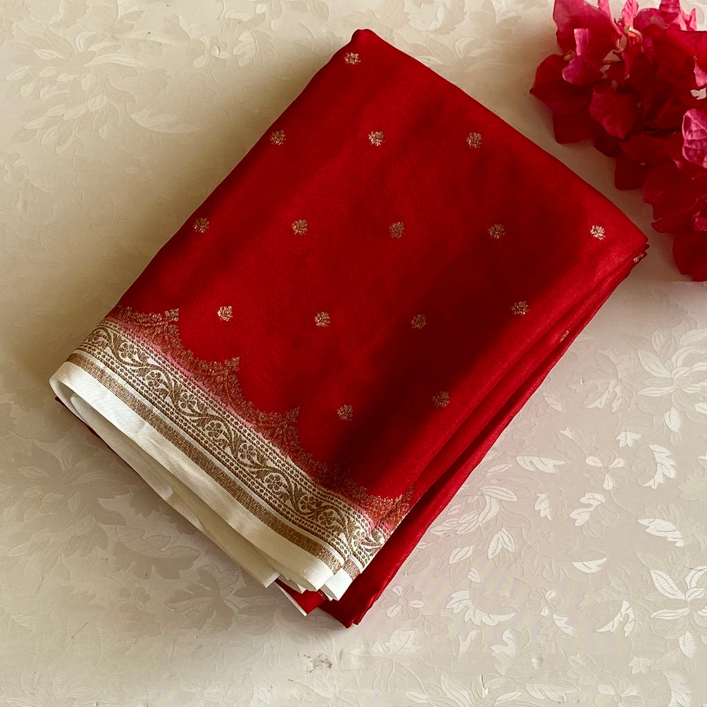 Crimson Red Banarasi Crepe Silk Saree With Ivory Pallu