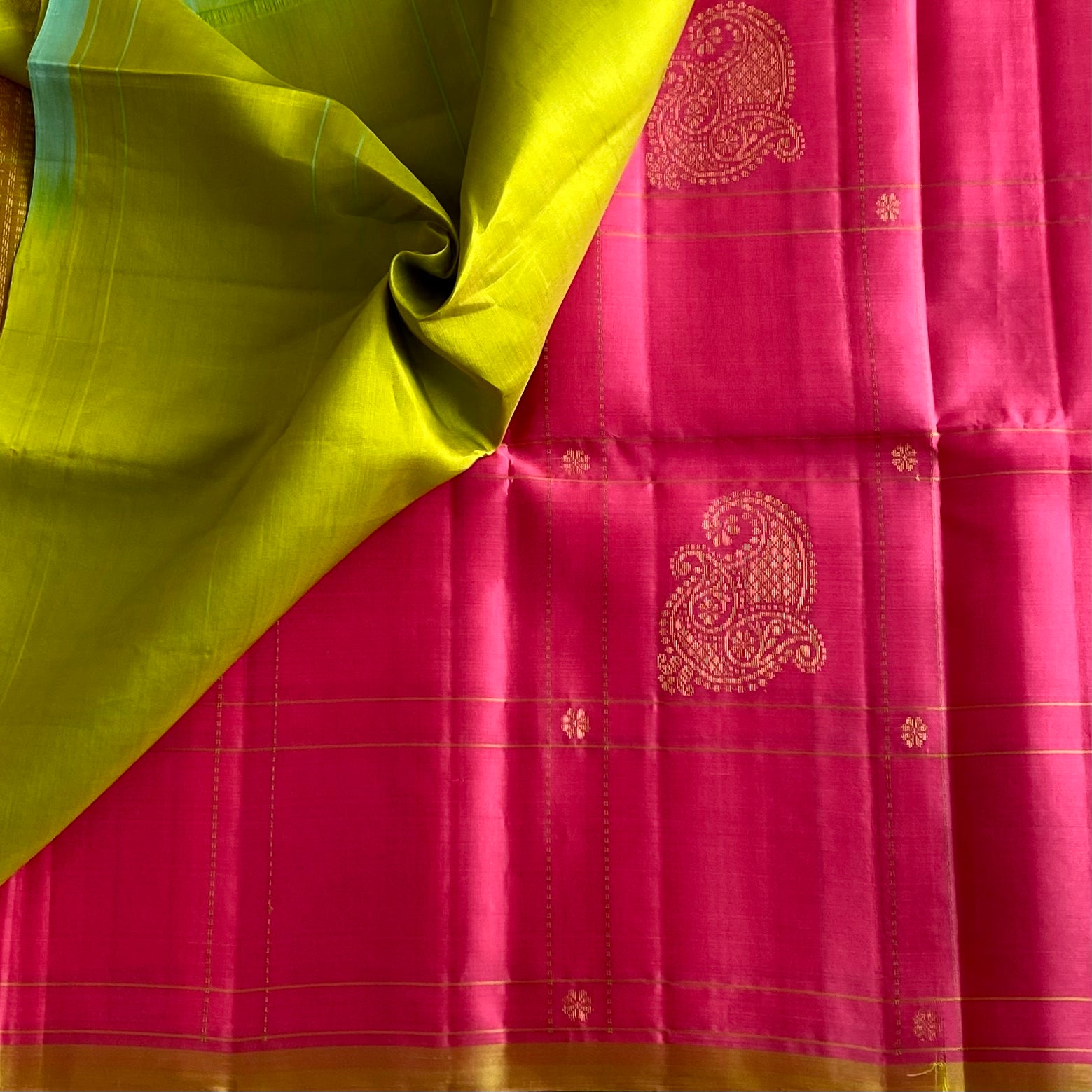 Rani Pink Designer Pure Silk Saree With Lime Green Border