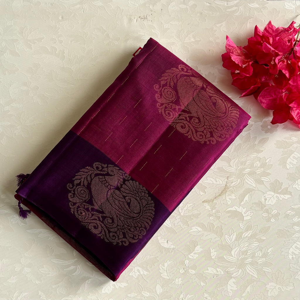 Deep Magenta Designer Pure Silk Saree With Purple Pallu