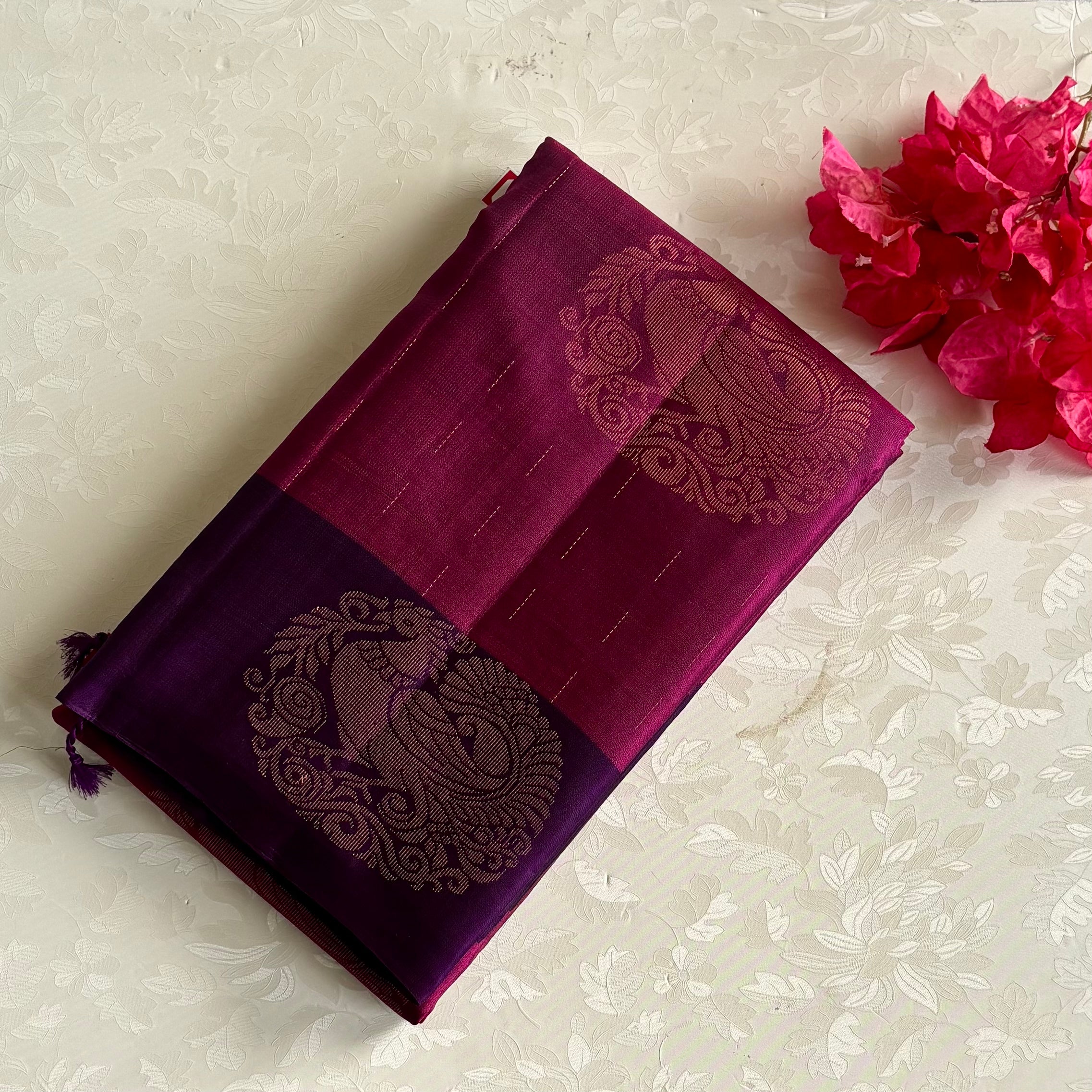 Deep Magenta Designer Pure Silk Saree With Purple Pallu