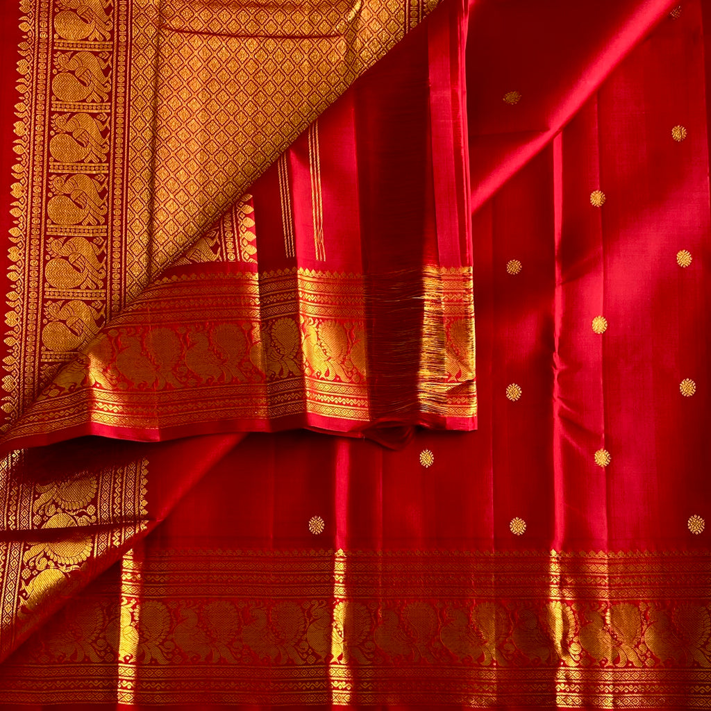 Crimson Red Kanjeevaram Pure Zari Silk Saree With Rich Gold