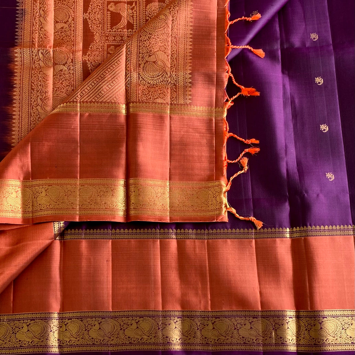 Wine Purple & Rust Orange Designer Pure Silk Saree With Zari Borders