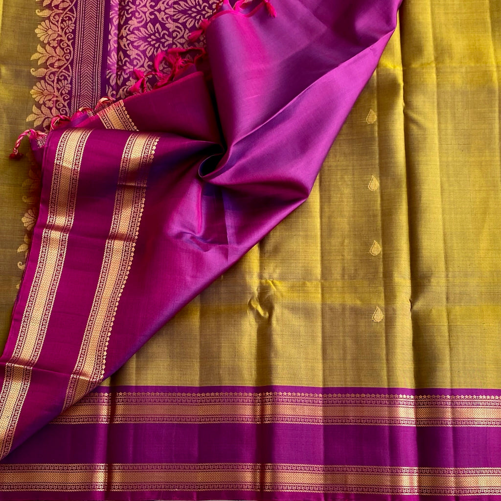 Dipped in Tradition • Dual Shaded Olive with Rich Magenta Designer Pure Silk