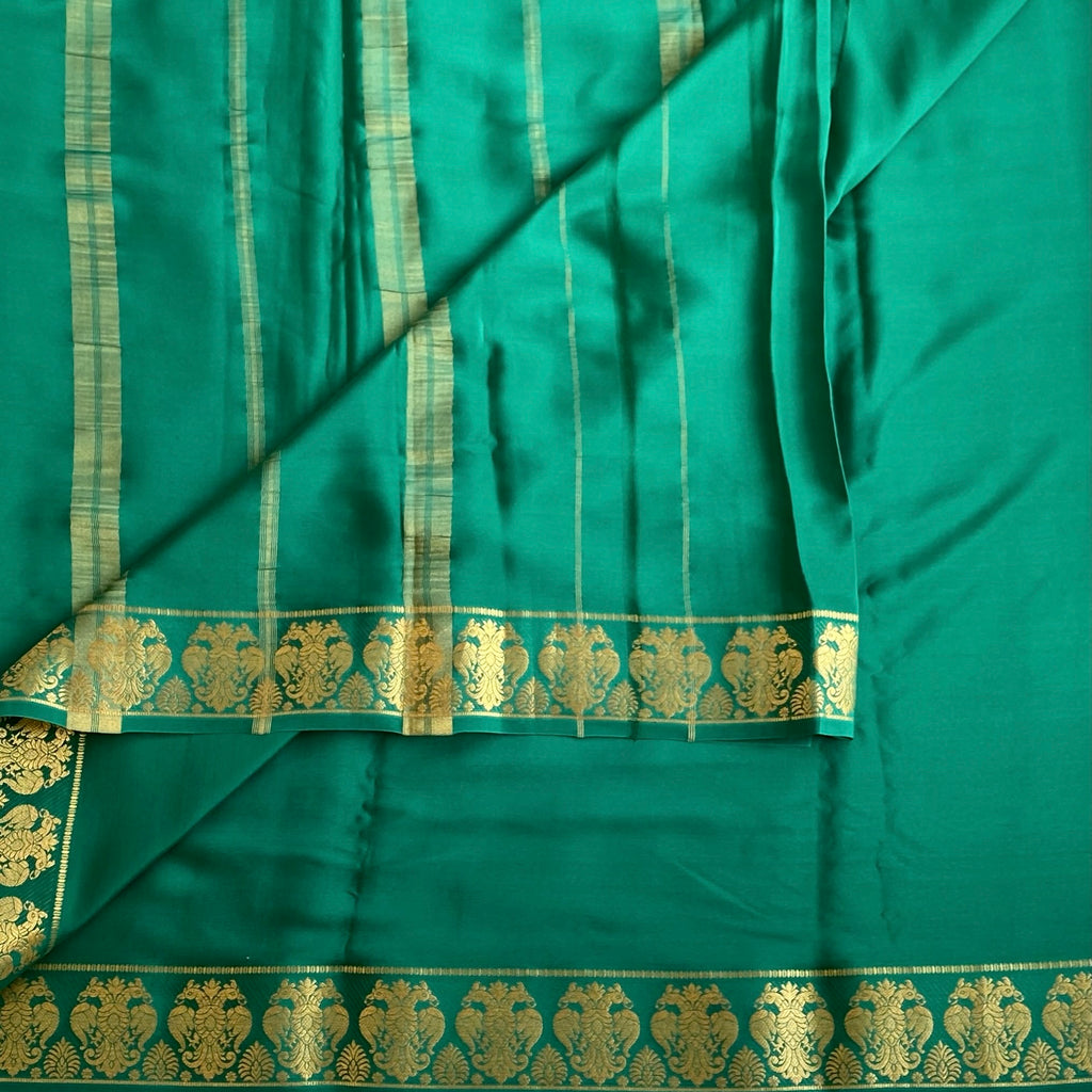 Teal Green With GandaBerunda Borders Pure Mysore Silk