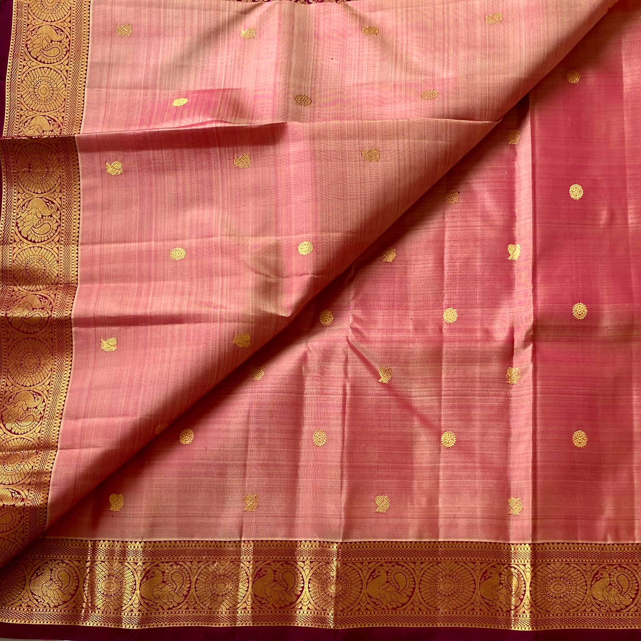 Peach Pink Saree with Deep Maroon Pallu and Gold Brocade