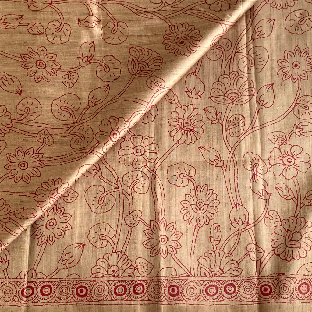 Tan Beige Soft Tussar Silk Saree With Deep Maroon Pallu