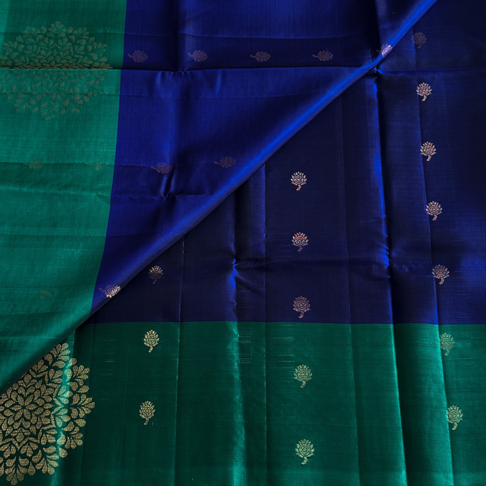 Royal Blue Teal Green Silk Saree Gold Zari Buti Work