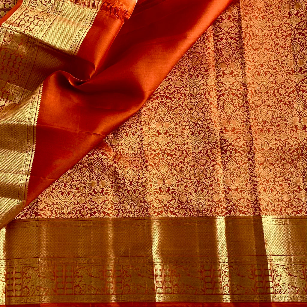 Burnt Orange Designer Brocade Pure Silk Saree With Metallic Gold Pallu