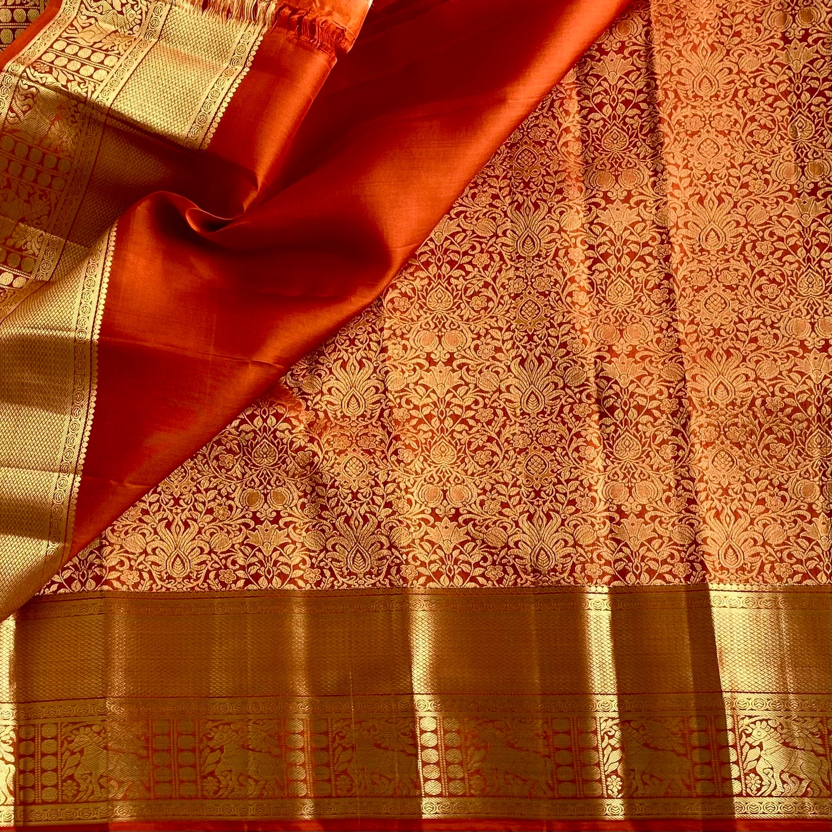 Burnt Orange Designer Brocade Pure Silk Saree With Metallic Gold Pallu