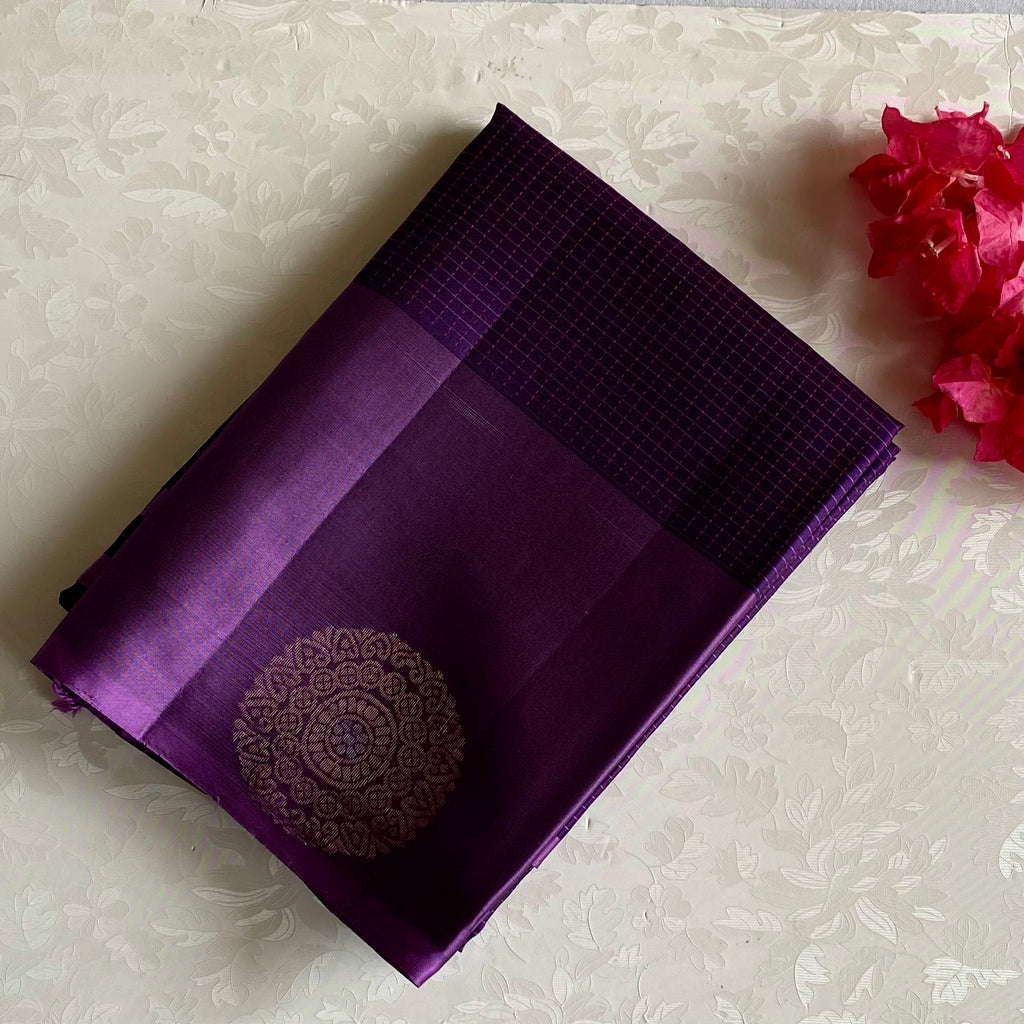 Royal Purple Designer Pure Silk Saree With Antique Gold Pallu Mauve Pink