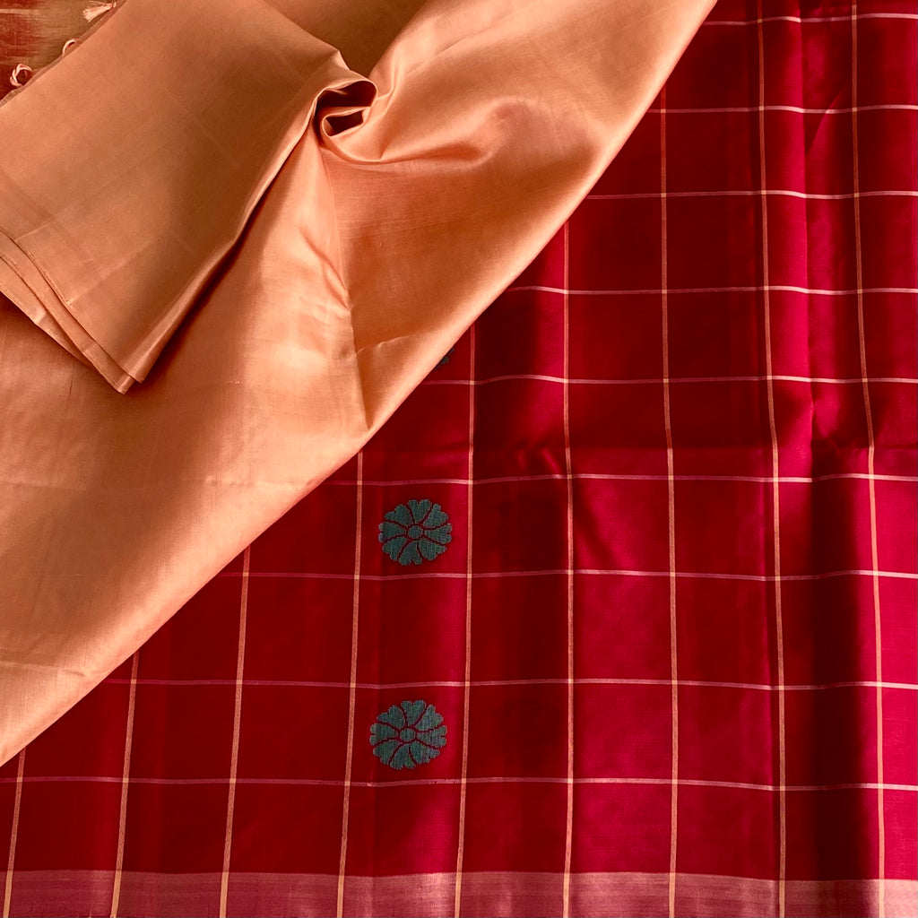 Rani Pink Designer Pure Silk Saree With Peach Pallu And Gold Zari