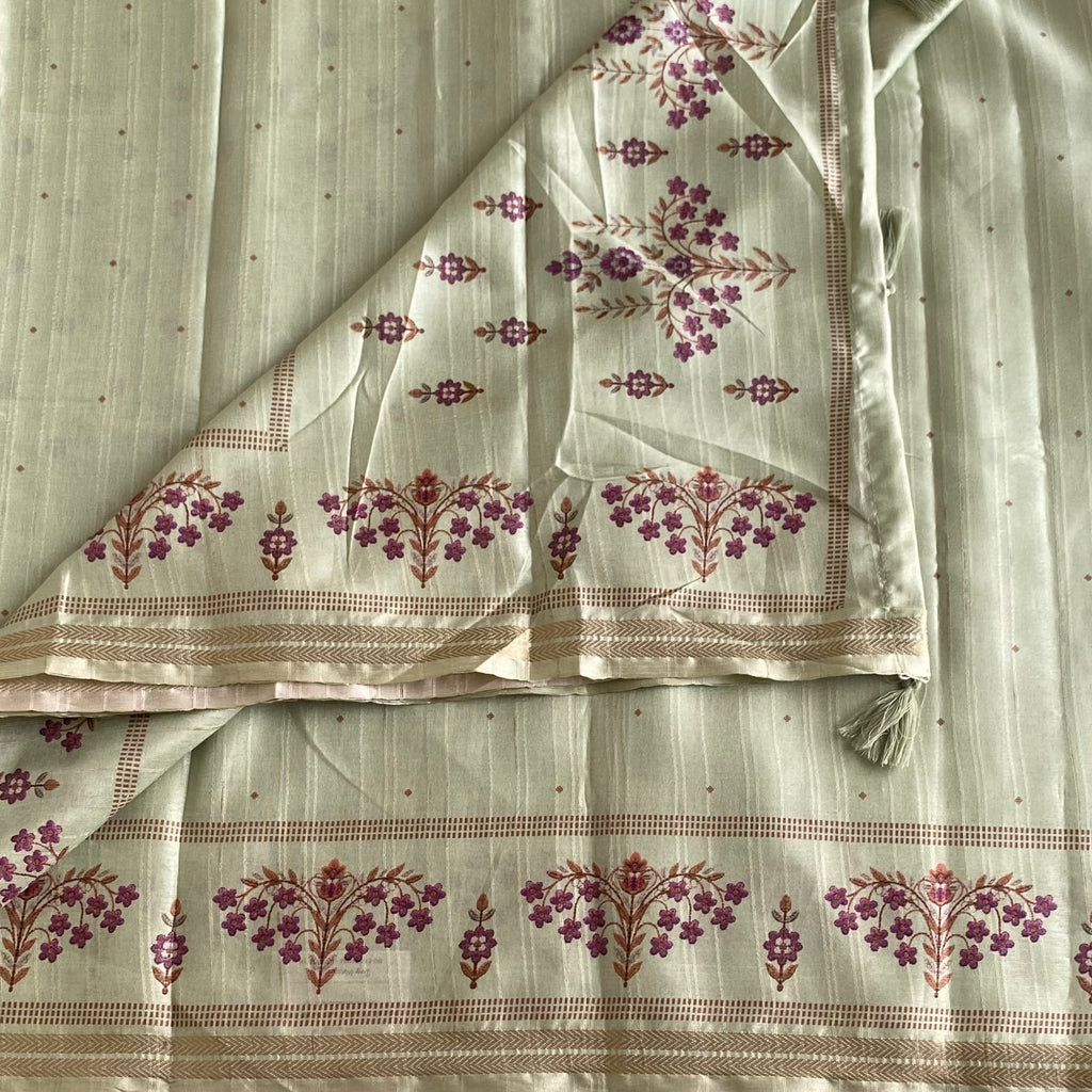 Pastel Sage Green Softest Tussar Saree With Deep Magenta Floral Border