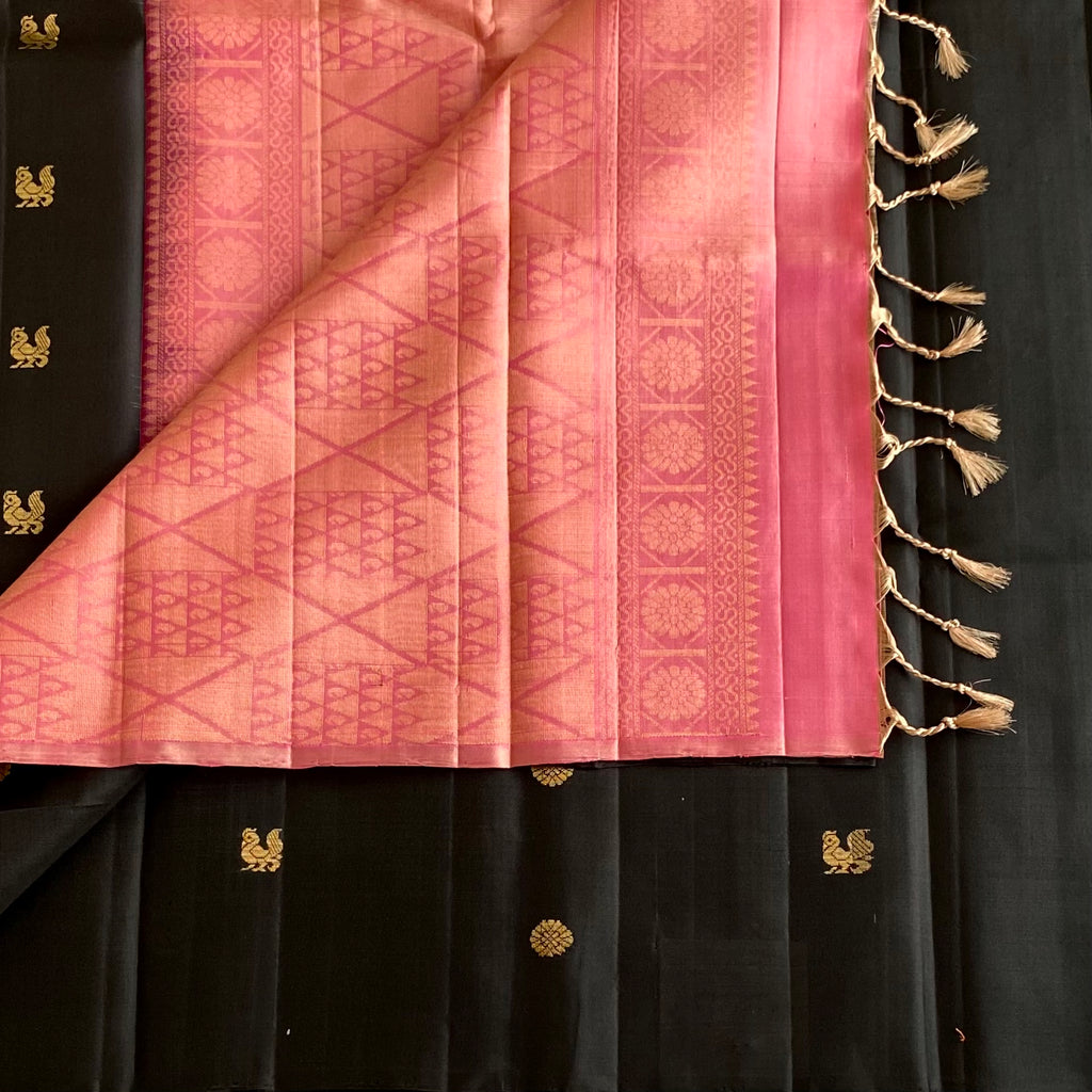 Jet Black Designer Pure Silk Saree With Blush Pink Pallu