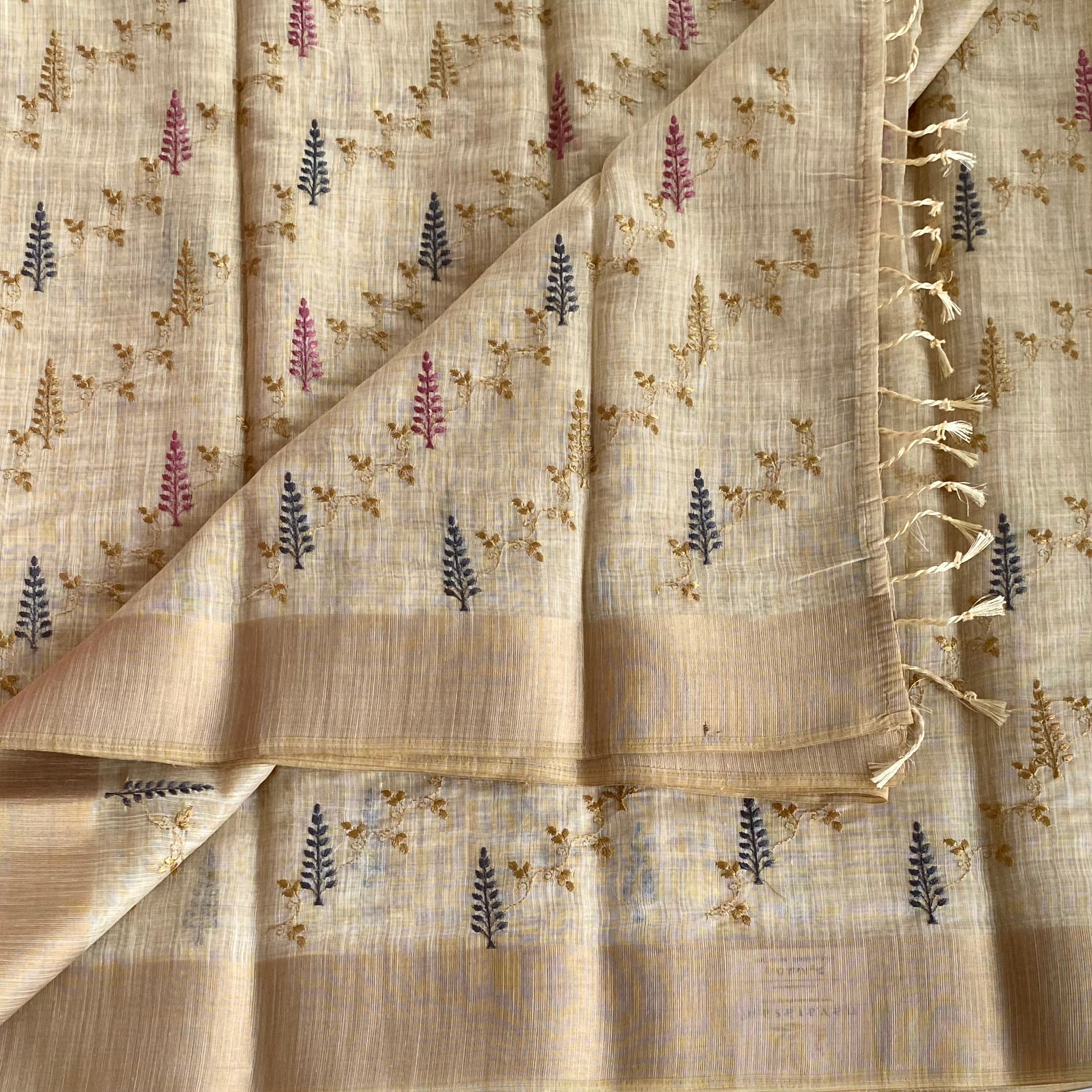Light Beige Embroidered Saree Gold Sprigs Navy Pink Motifs Tassel