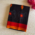 Crimson Black Ikat Saree Elephant Motif Handloom Cotton Silk Border