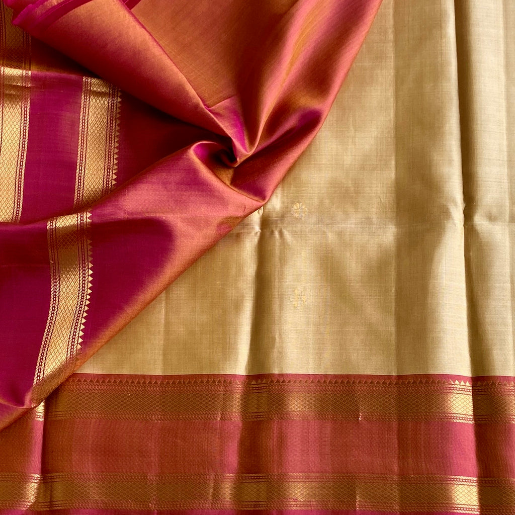 Golden Beige Designer Pure Silk Saree With Soft Rose Pink Pallu Gold Border