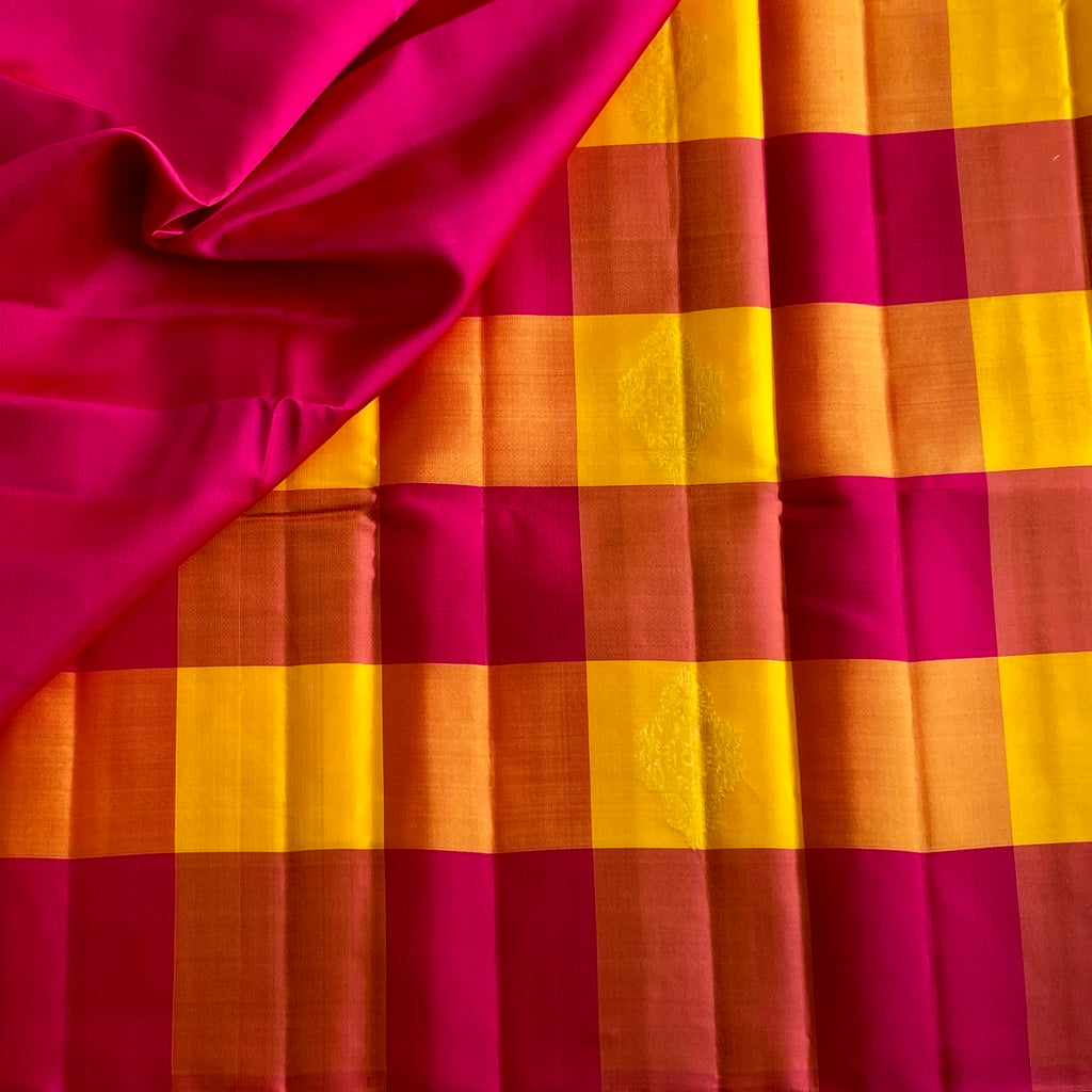 Rani Pink and Golden Yellow Designer Pure Silk Saree With Jacquard Pallu