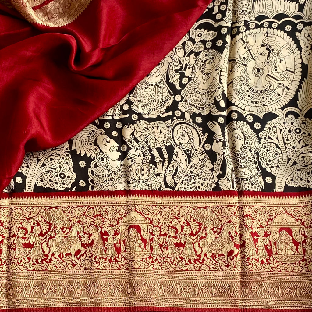 Jet Black Kalamkari Premium Soft Tussar Silk Saree With Maroon Red Pallu