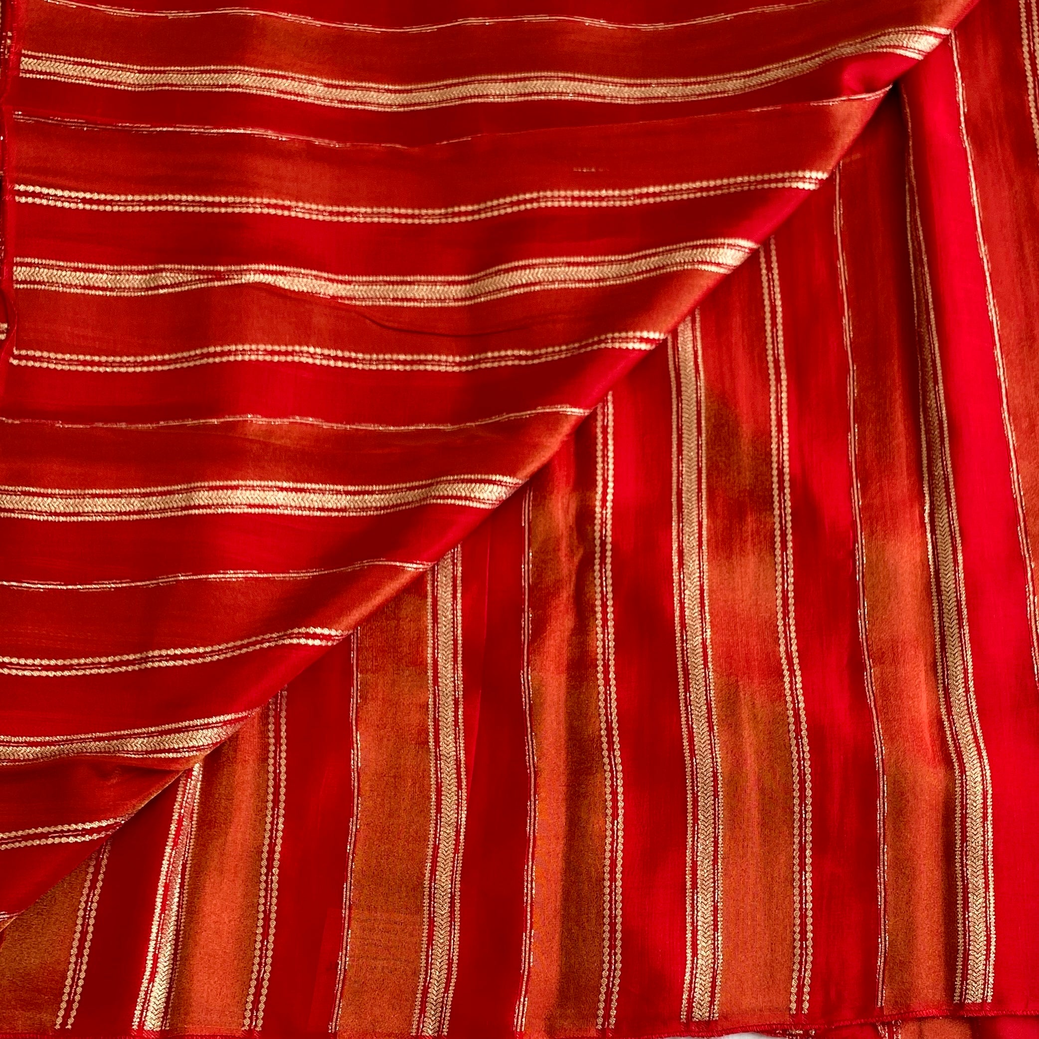 Scarlet Silk Saree Gold Zari Vertical Stripes Floral Motif Wedding