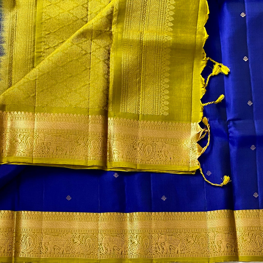 Royal Blue Designer Pure Silk Saree Lime Green Zari Border Contrast Pallu
