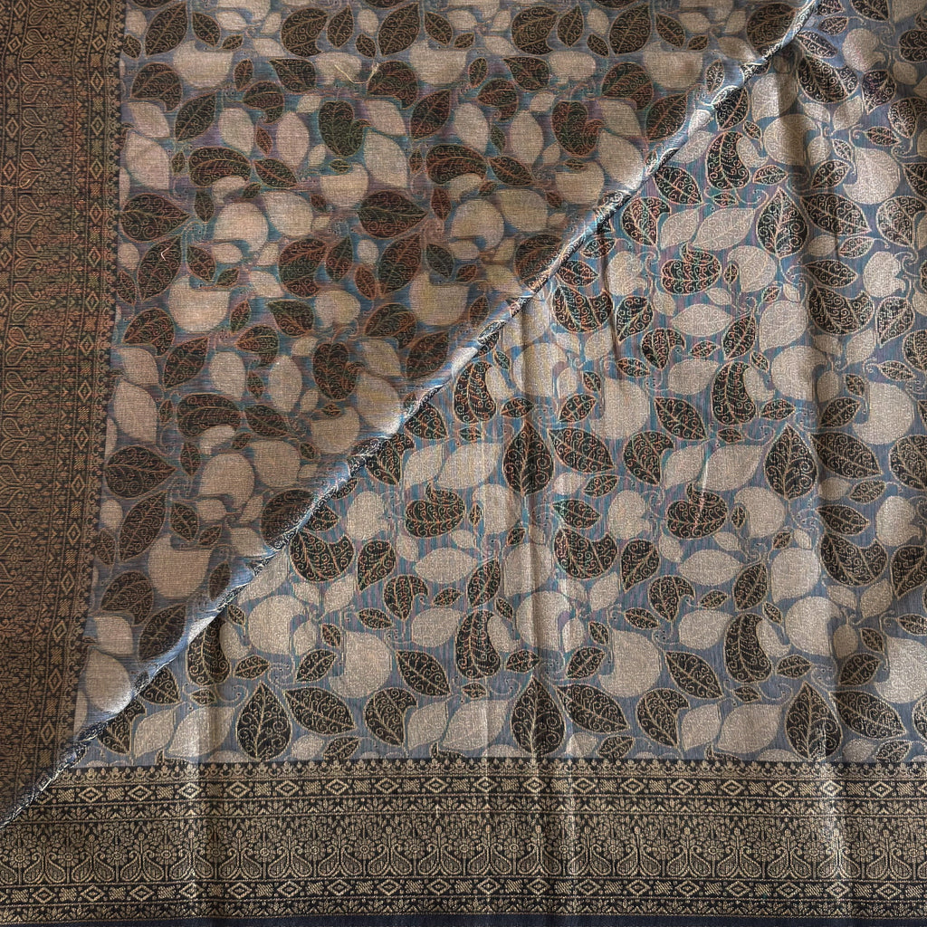 Navy Blue Gold Brocade Saree Geometric Medallion Leaf Motif