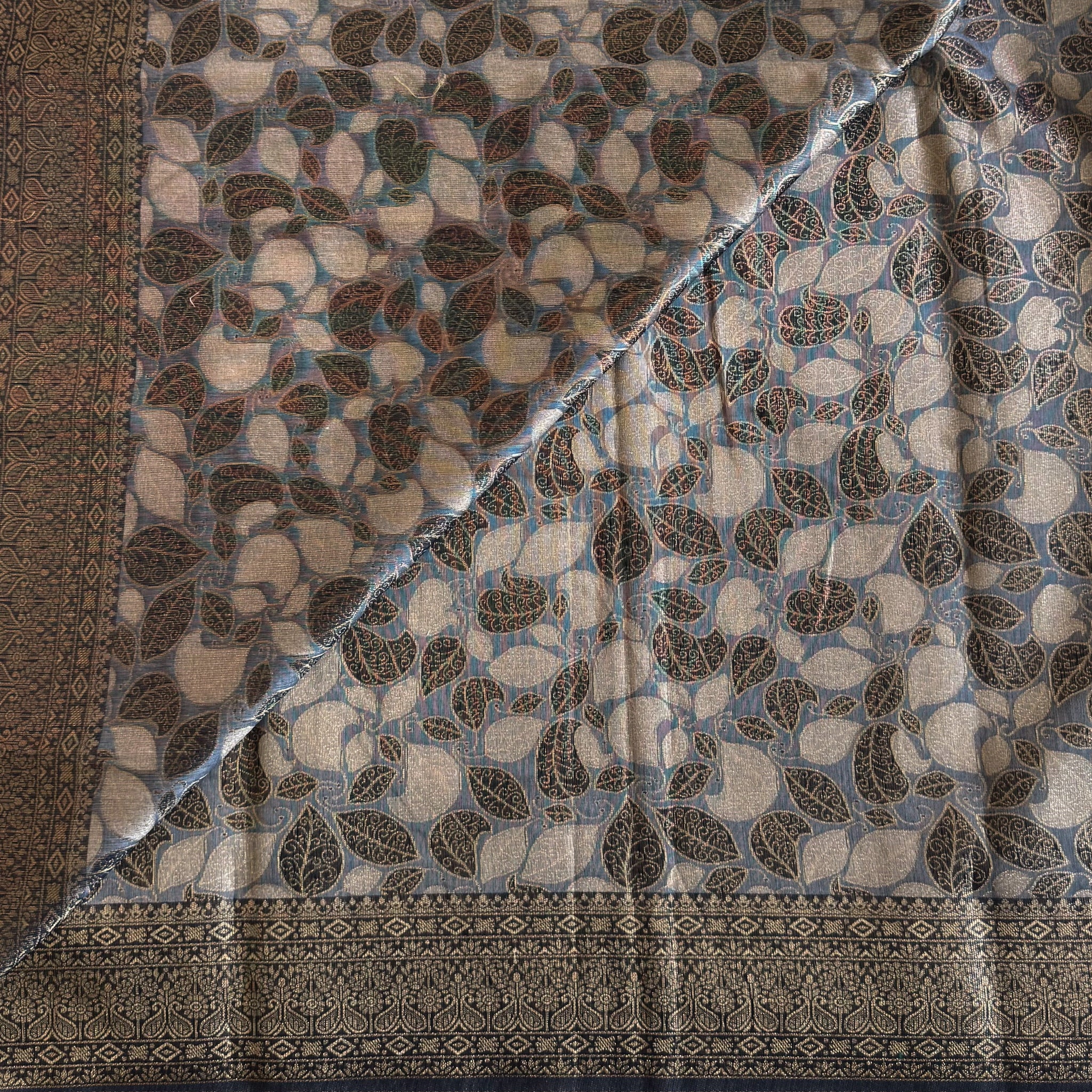 Navy Blue Gold Brocade Saree Geometric Medallion Leaf Motif