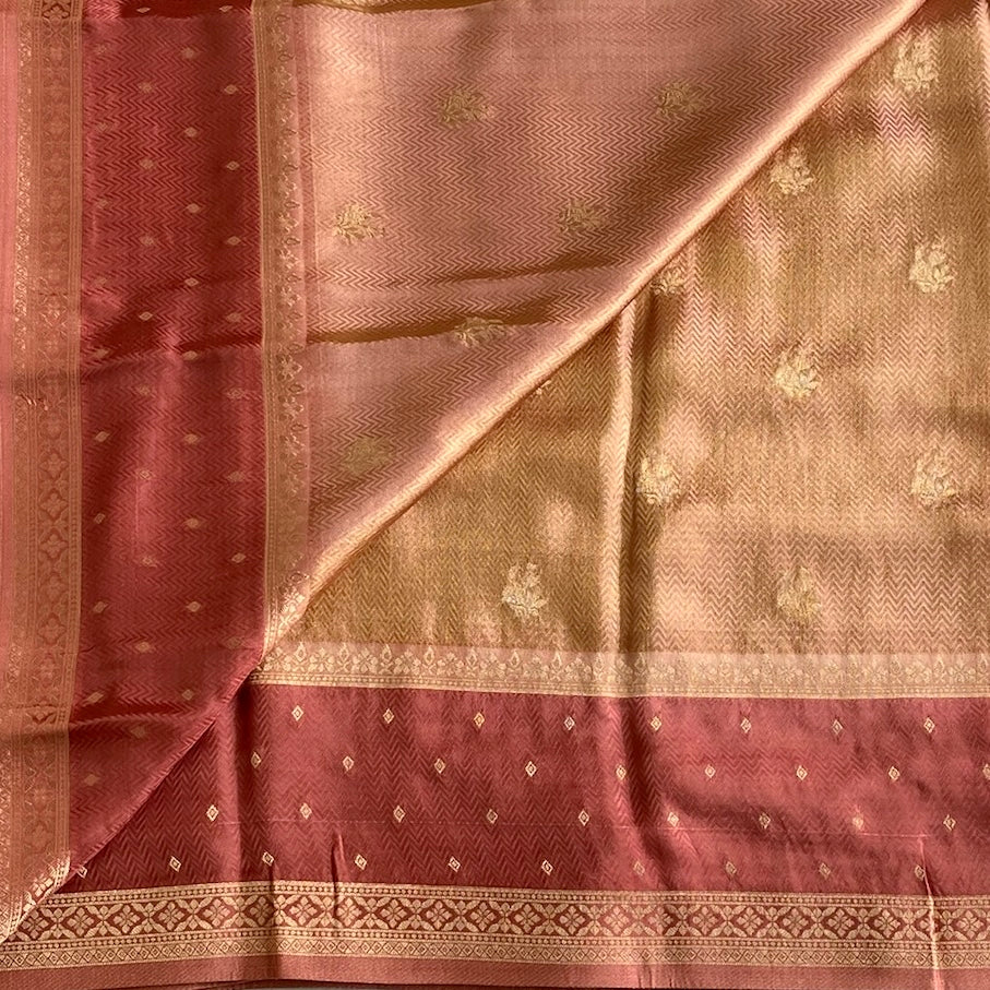 Dual Shaded Blush Gold Soft Blended Silk With Metallic Copper Pallu