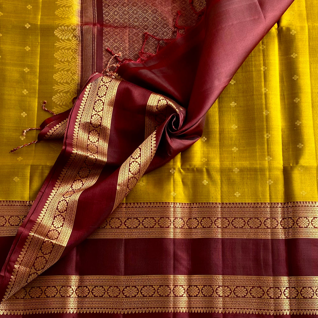 Mustard Yellow Designer Pure Silk Saree With Burgundy Maroon Pallu
