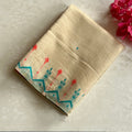 Pastel Pink Beige Saree Turquoise Zigzag Border Tassel Ikat Design