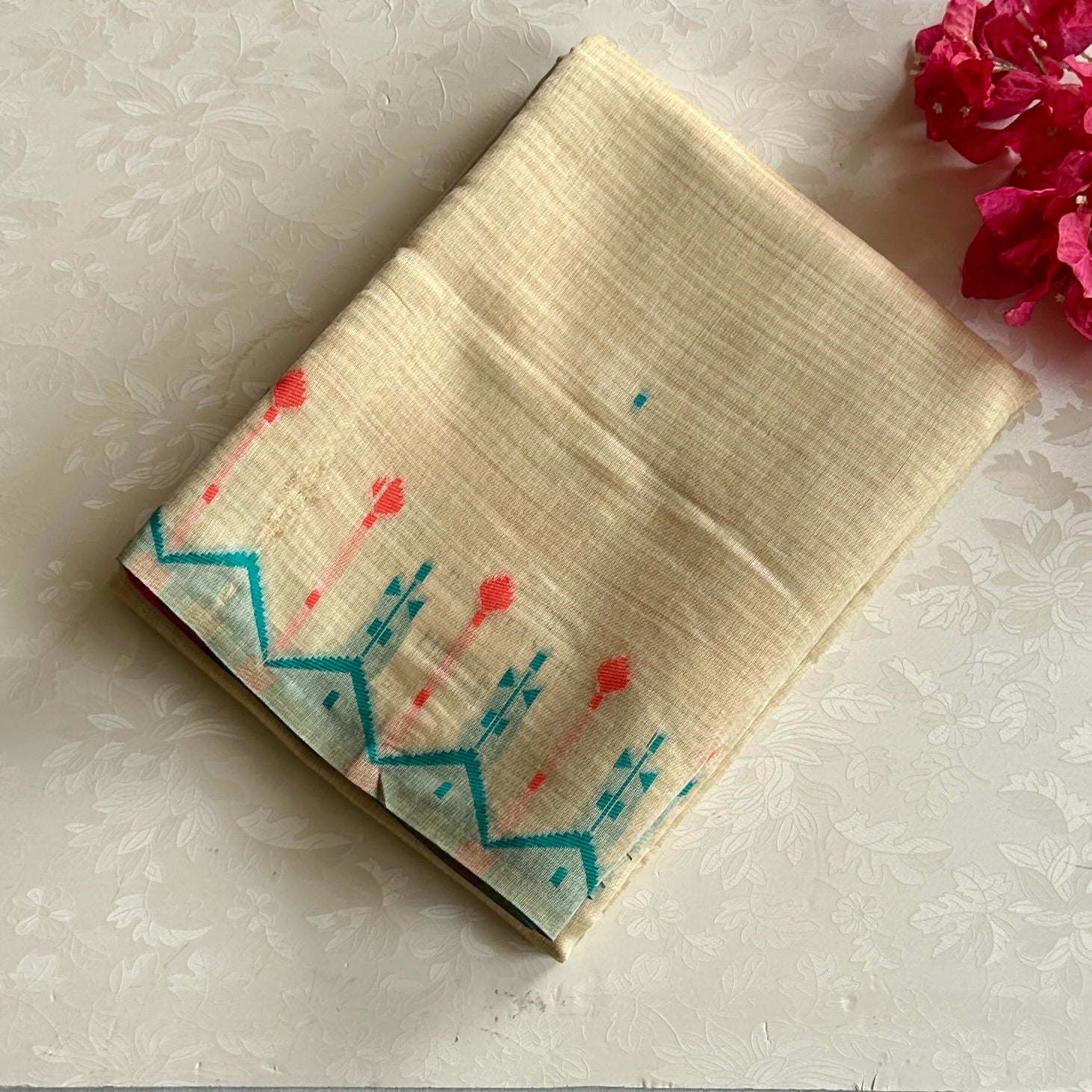 Pastel Pink Beige Saree Turquoise Zigzag Border Tassel Ikat Design