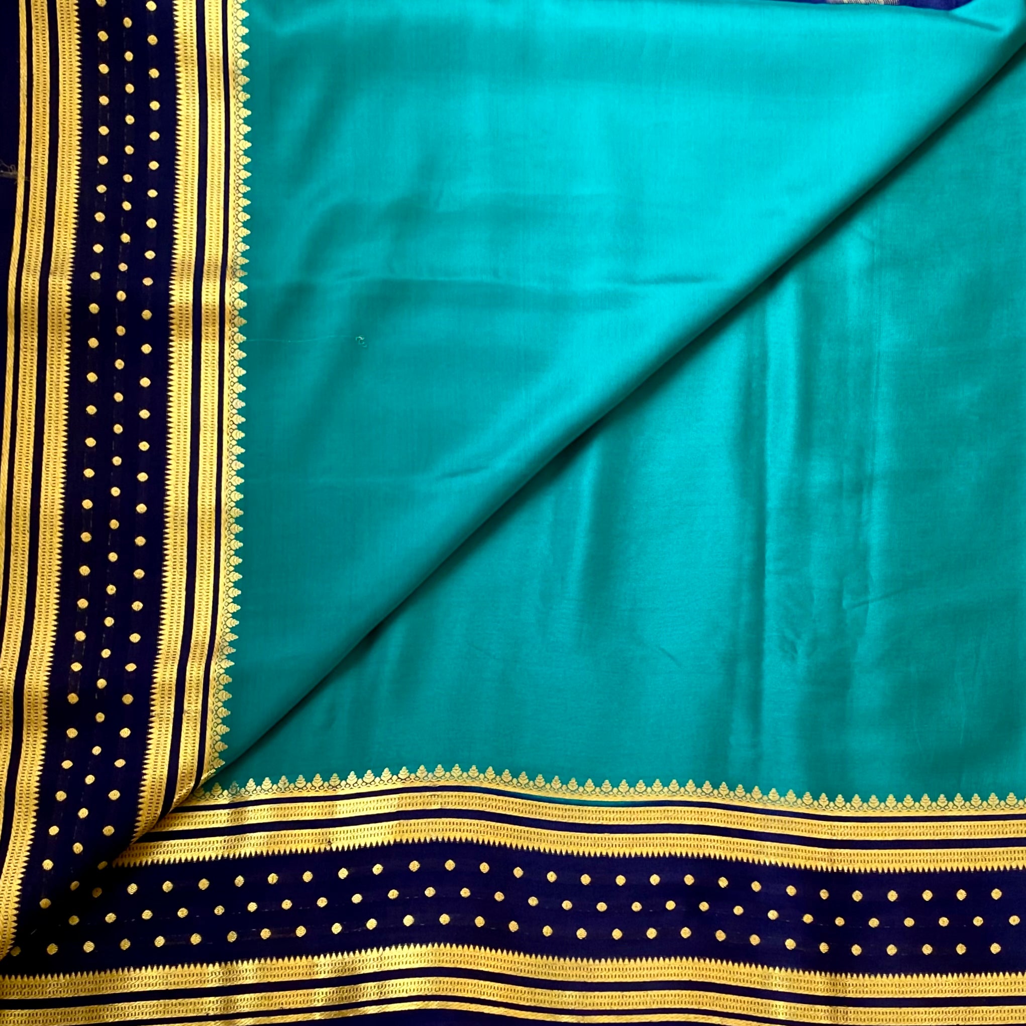 Royal Rare Teal with Midnight Navy butta border pure Mysore silk