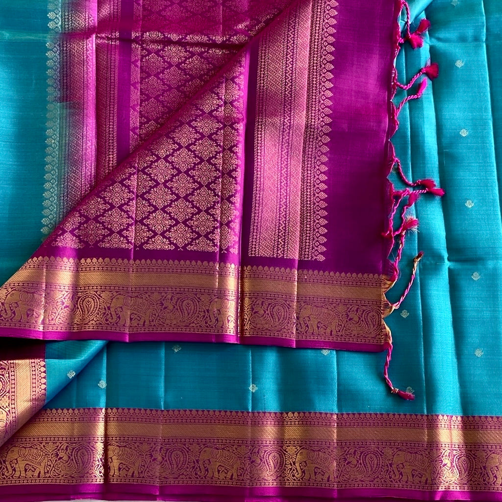Teal Blue Designer Pure Silk Saree With Magenta Pallu And Gold Zari