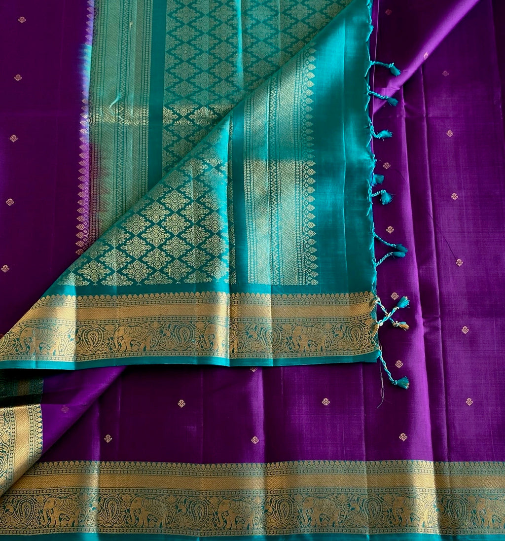 Royal Purple Designer Pure Silk Saree With Teal Blue Pallu