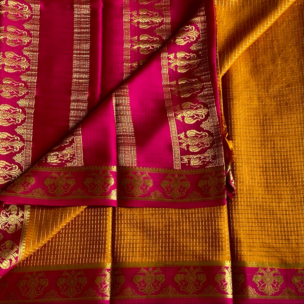 Mysore Crepe Silk Deep Mustard Saree With Rani Pink Border And Zari