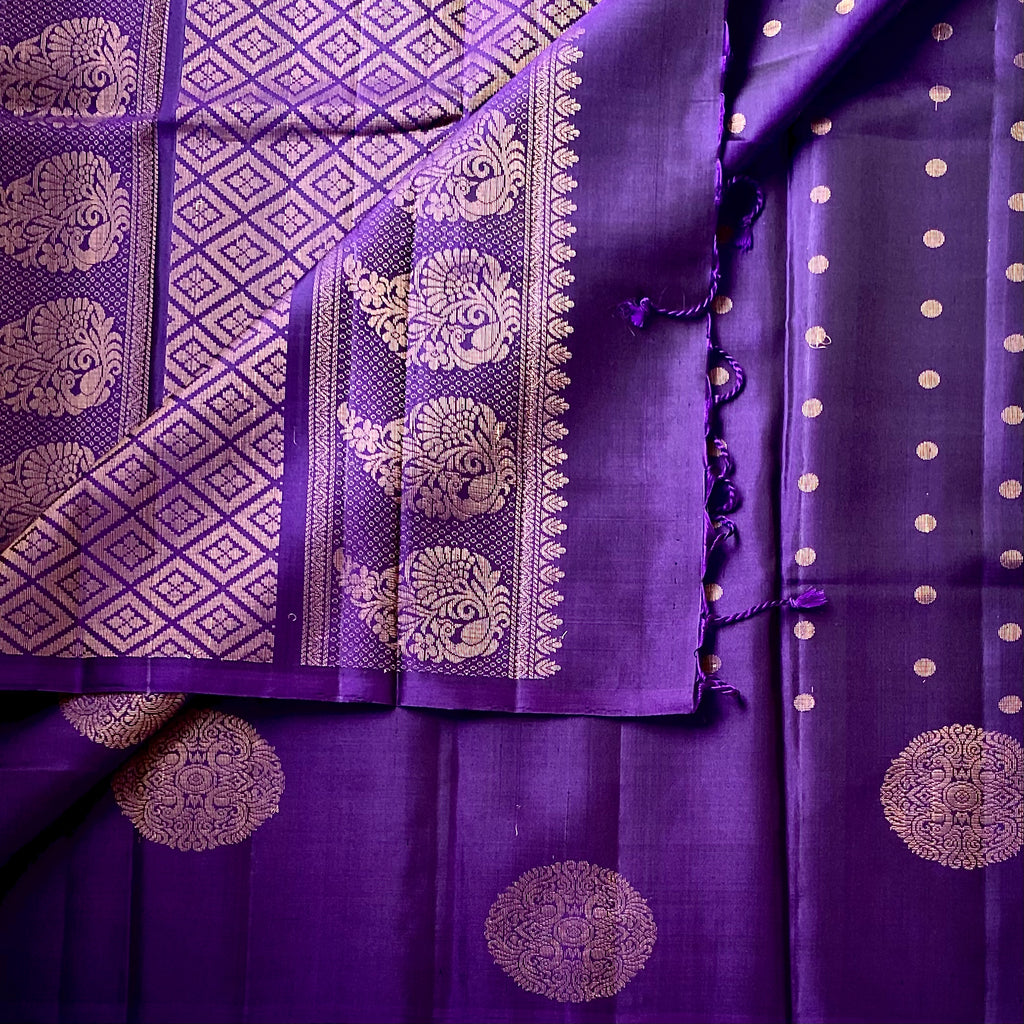 Deep Violet Silk Saree with Antique Gold Brocade and Diamond Pallu