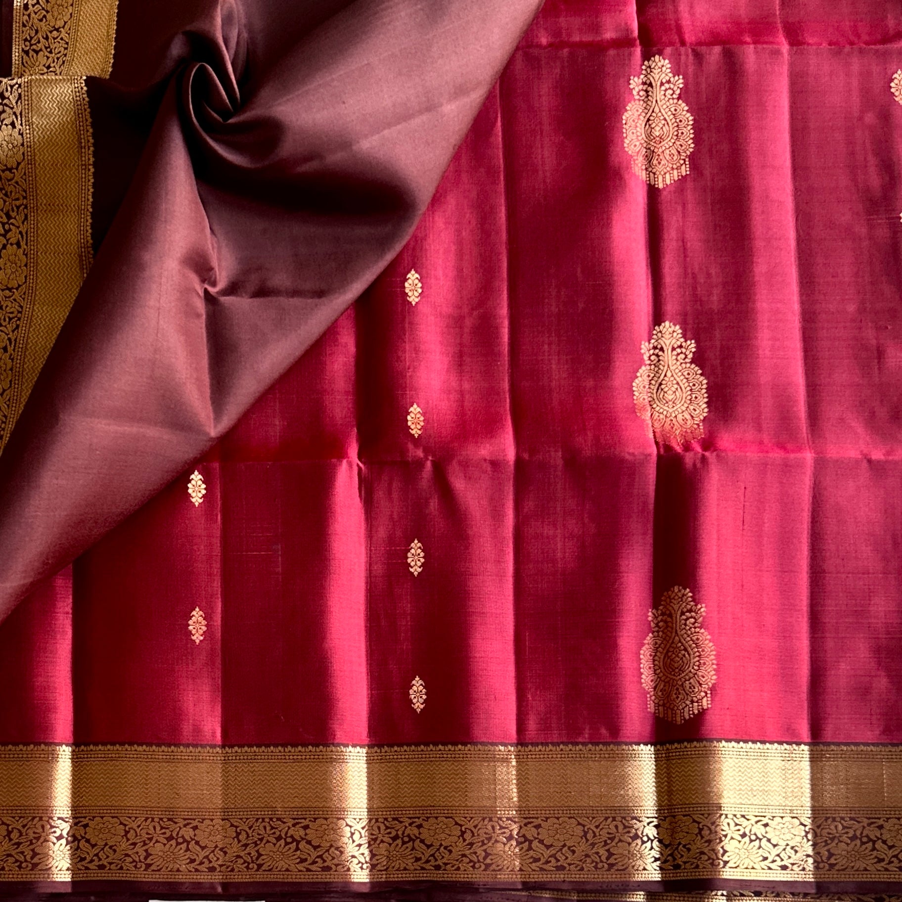 Ruby Magenta Silk Saree Burgundy Pallu Gold Brocade Floral Border