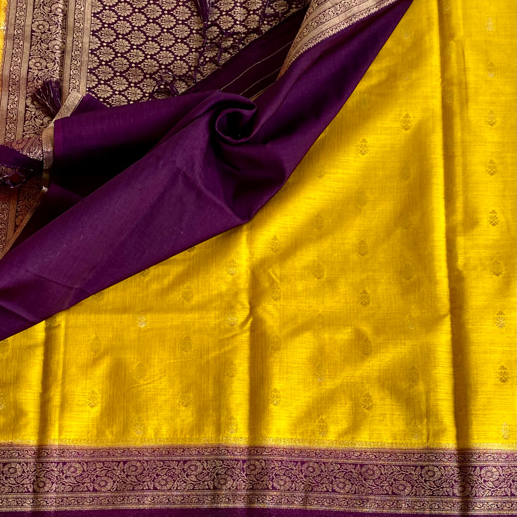 Yellow Purple Silk Saree Gold Buti Floral Border Tassel Pallu